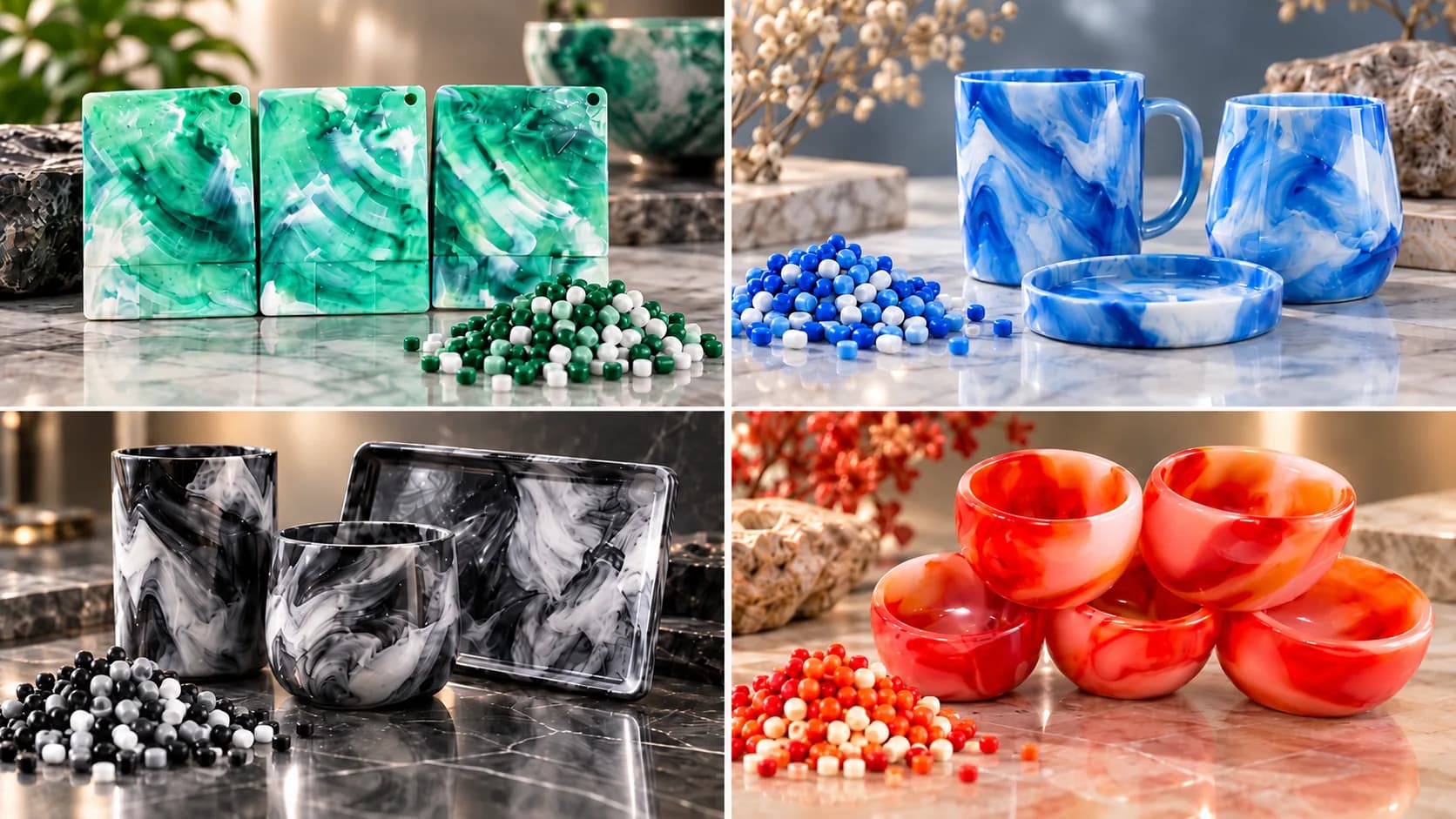 Marble-effect masterbatch parts in jade green, blue, black-and-white and coral