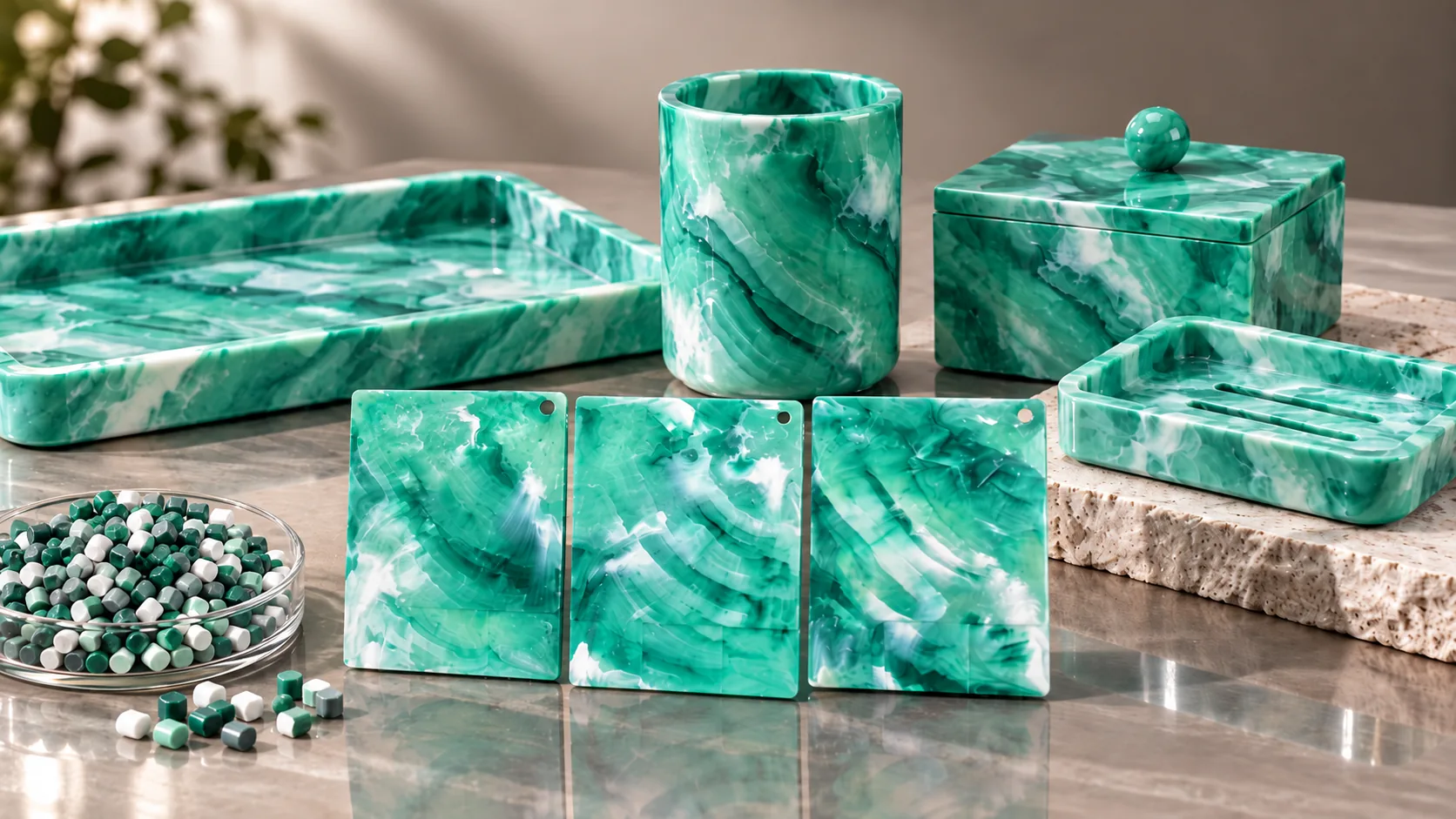 Jade green marble-effect masterbatch tray, jar and coasters