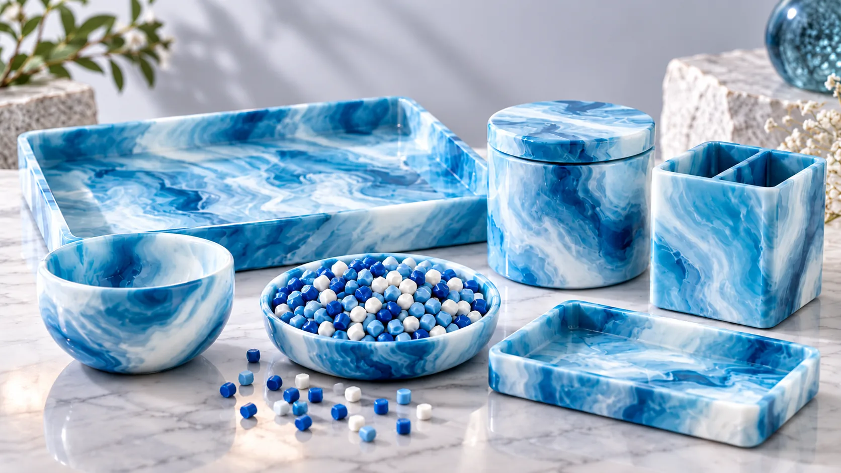 Blue and white marble-effect masterbatch tray, jar and desk organiser