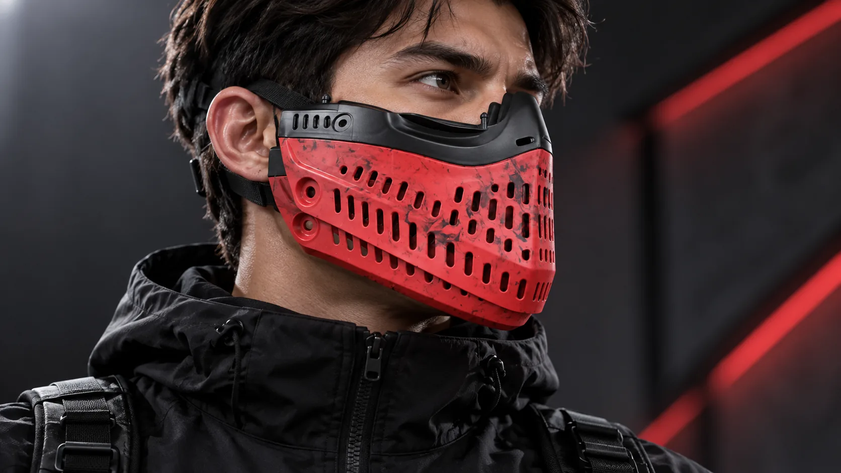 Red and black marble-effect masterbatch tactical mask with pellets