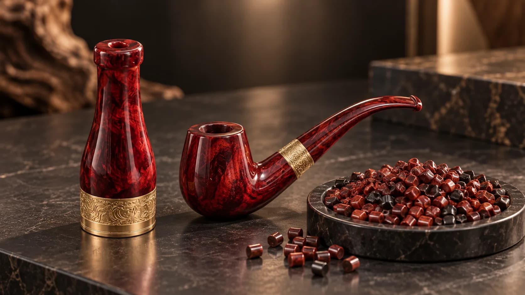 Vermilion marble-effect masterbatch pipe and pellets