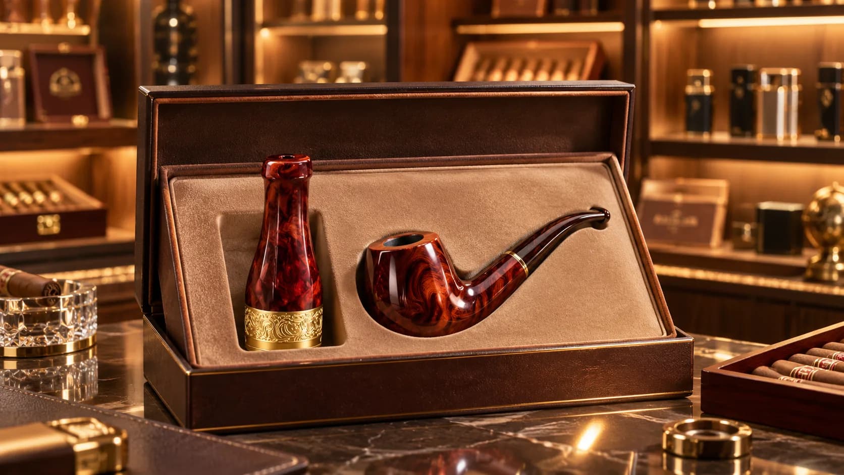 Marble-effect masterbatch smoking pipe set in a presentation box