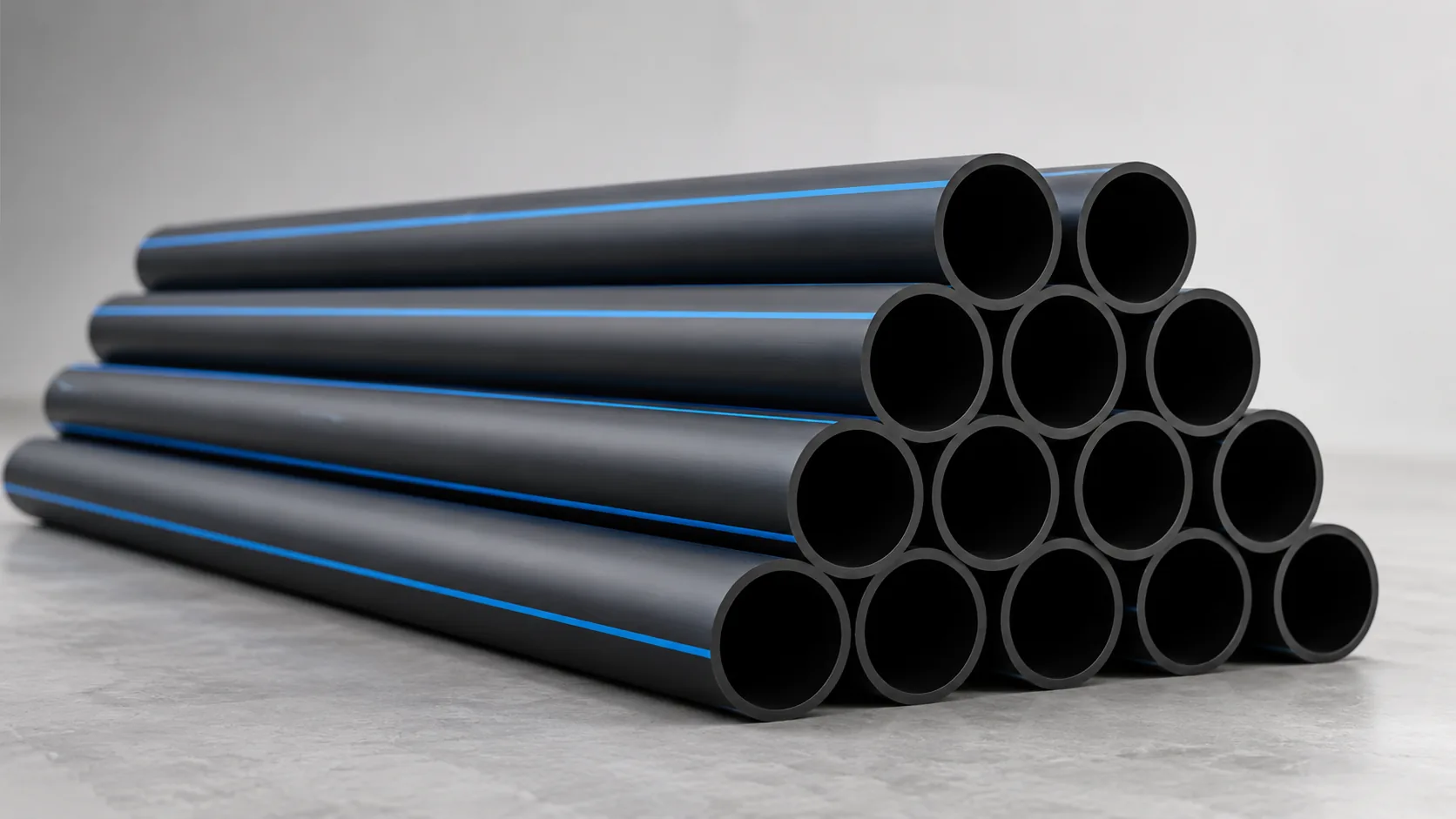 Black masterbatch HDPE pipe with blue stripe stacked for delivery
